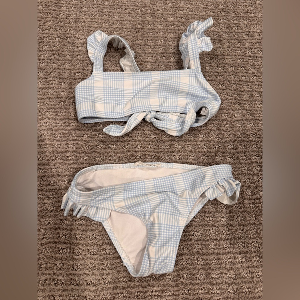 Girls Minnow Swim Blue and White Plaid Bikini Set
